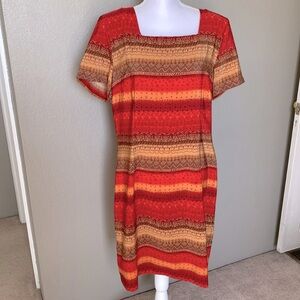 Sag Harbor Women’s square neck short sleeved dress size 14, sunset colors